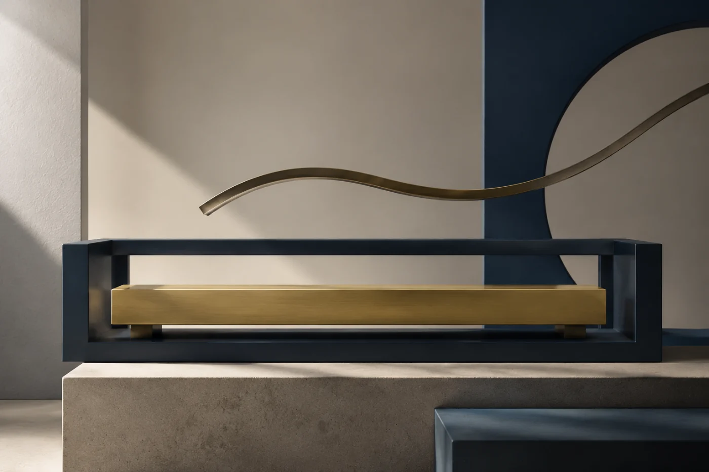 A fixed brass bar held level inside a navy frame while a floating metal curve passes above without touching it