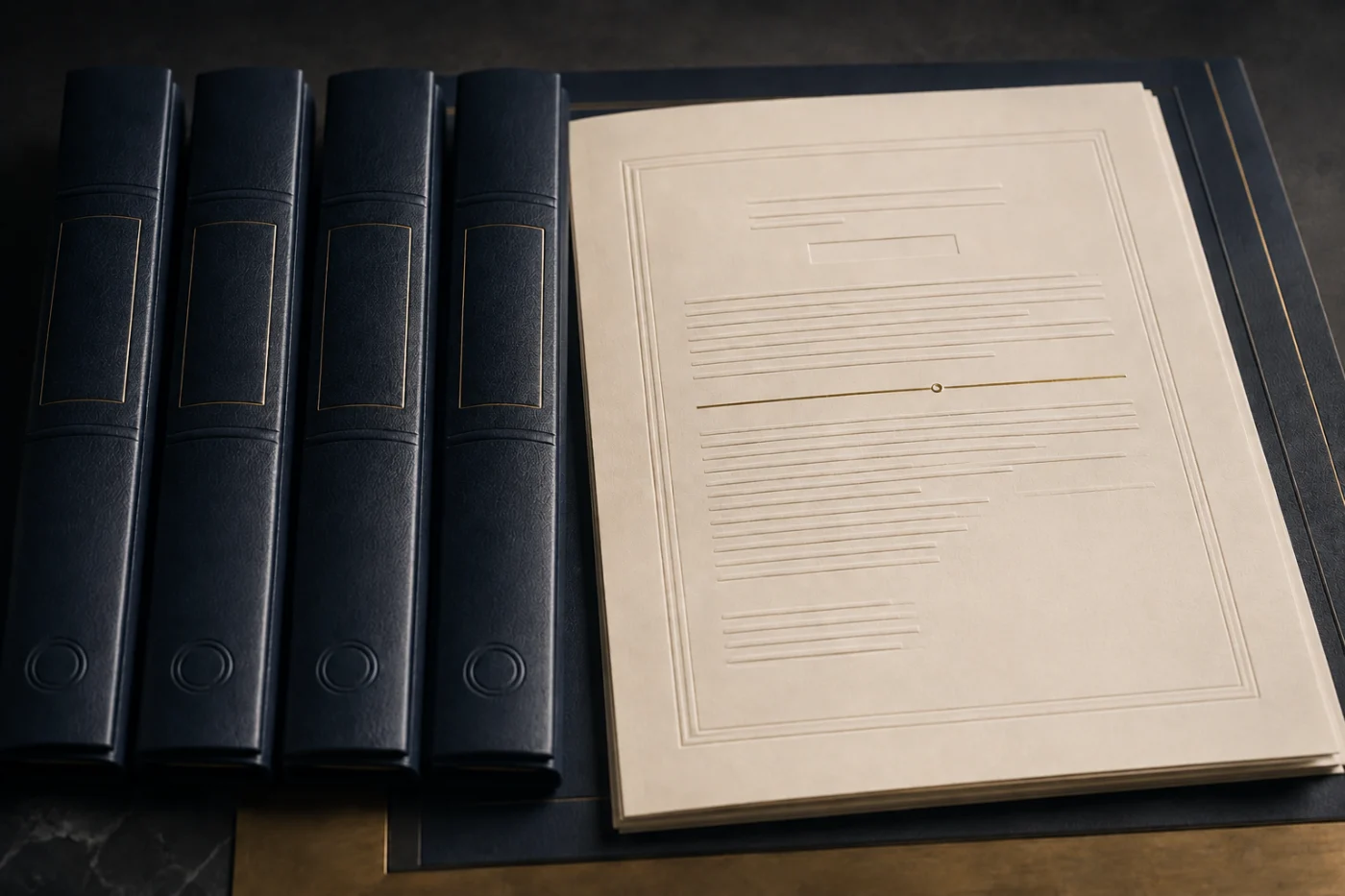 Four navy credit facility binders aligned beside an ivory contract, a single clause marked only by a thin gold line