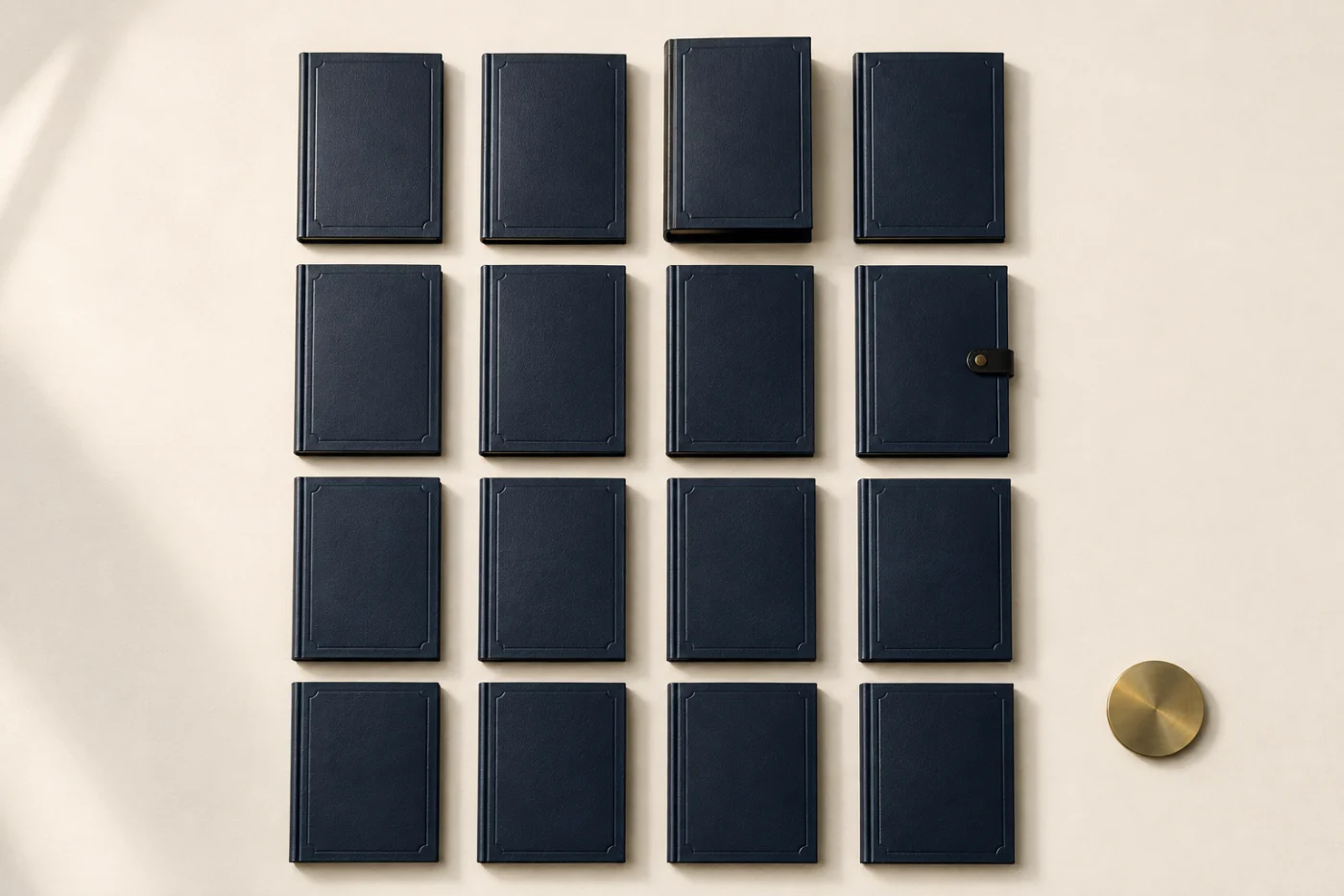 Sixteen anonymous navy folders in a four-by-four grid on an ivory desk, one raised slightly, a brass liquidity disc outside the grid