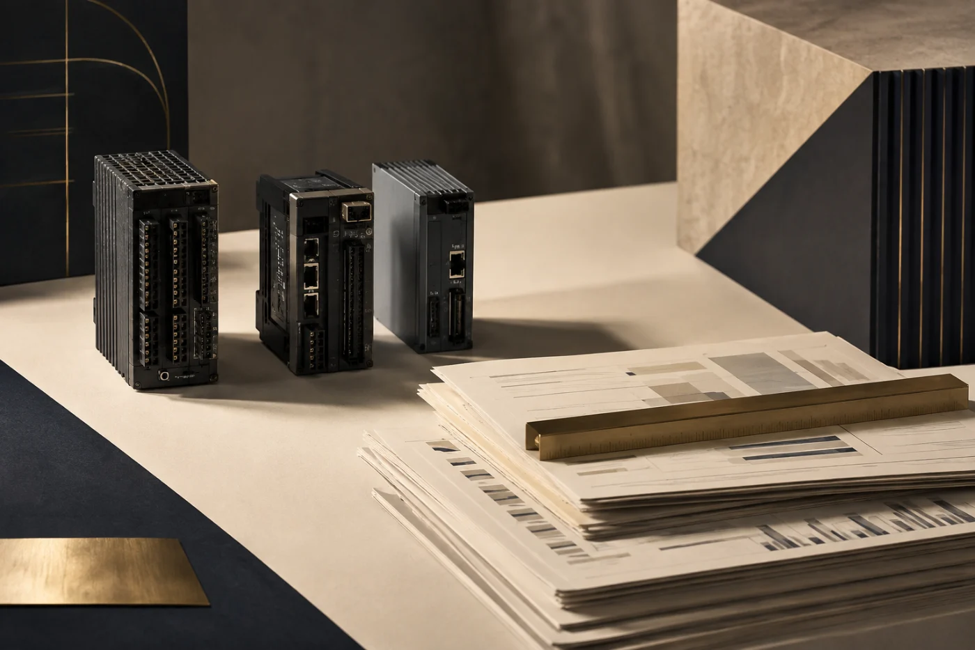 Three distinct industrial automation modules on an ivory analytical desk beside financial model sheets and a brass rule