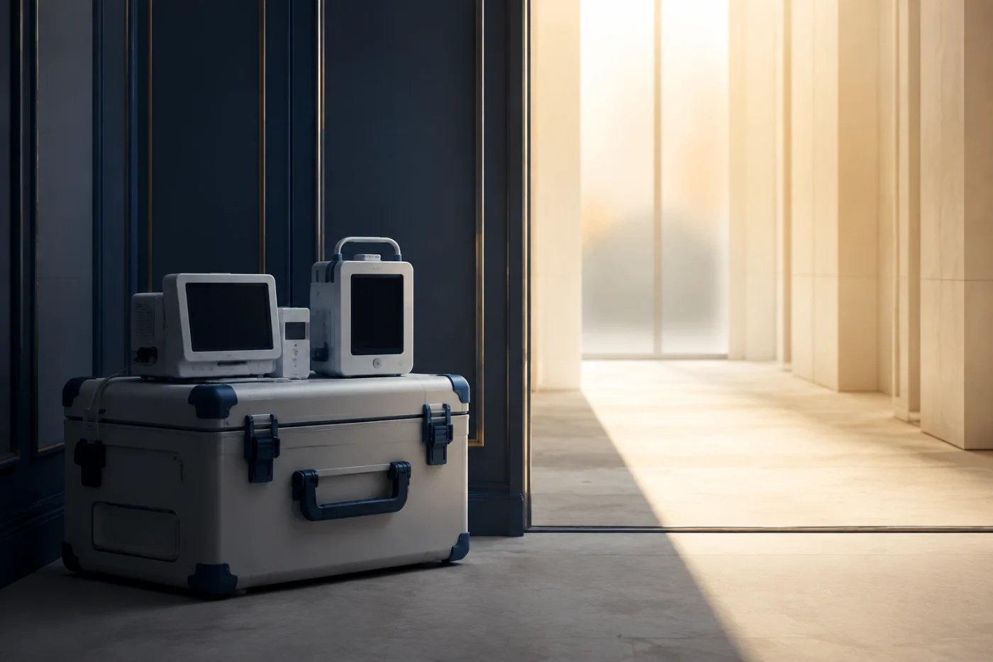 A compact clinical equipment case halted before a threshold of light, with an intact navy structure behind it