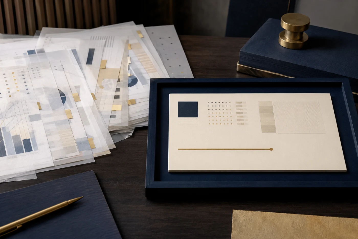 Translucent model sheets in controlled disorder converging into a single ivory panel inside a navy frame, a gold runway line ending early
