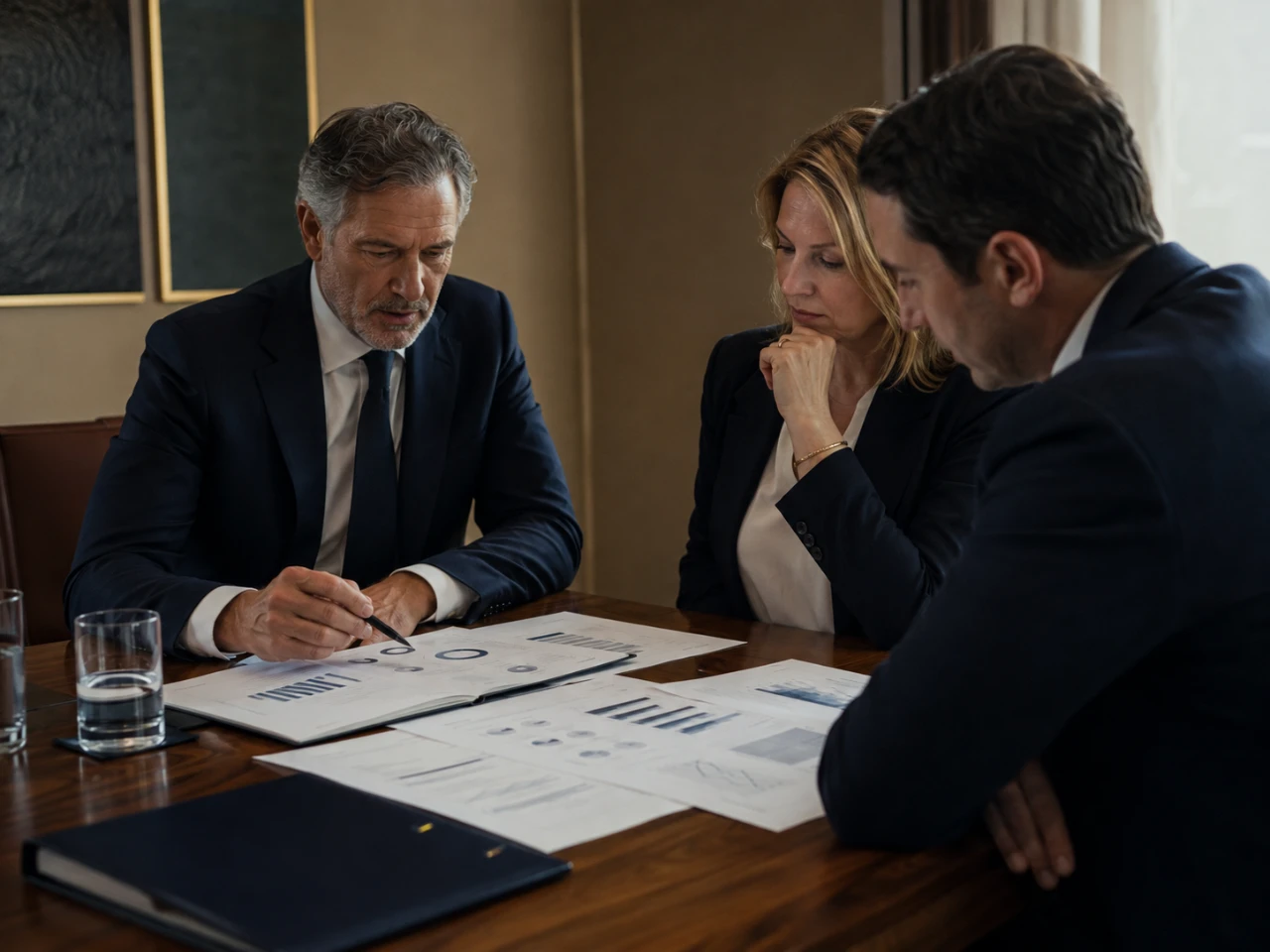 Executives reviewing valuation documents in a boardroom