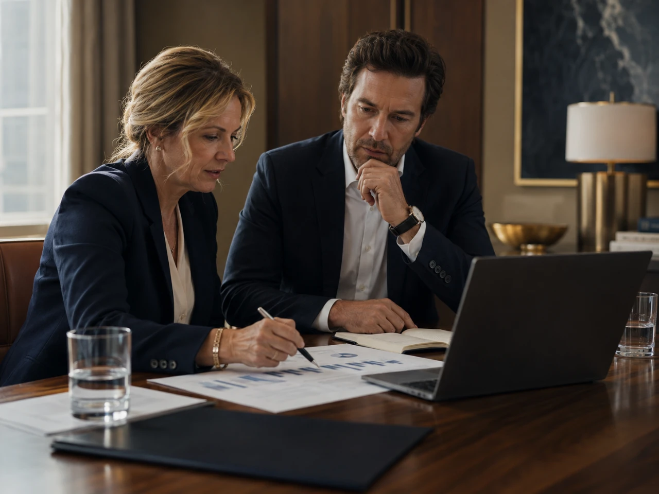Two executives analysing cash and margin indicators on a laptop